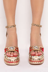 AZALEA WANG “CICI” Platform Sandal – Red Floral Jacquard w/ Pearls & Rhinestones