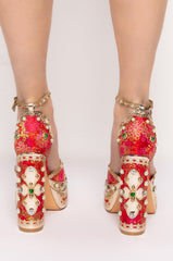 AZALEA WANG “CICI” Platform Sandal – Red Floral Jacquard w/ Pearls & Rhinestones