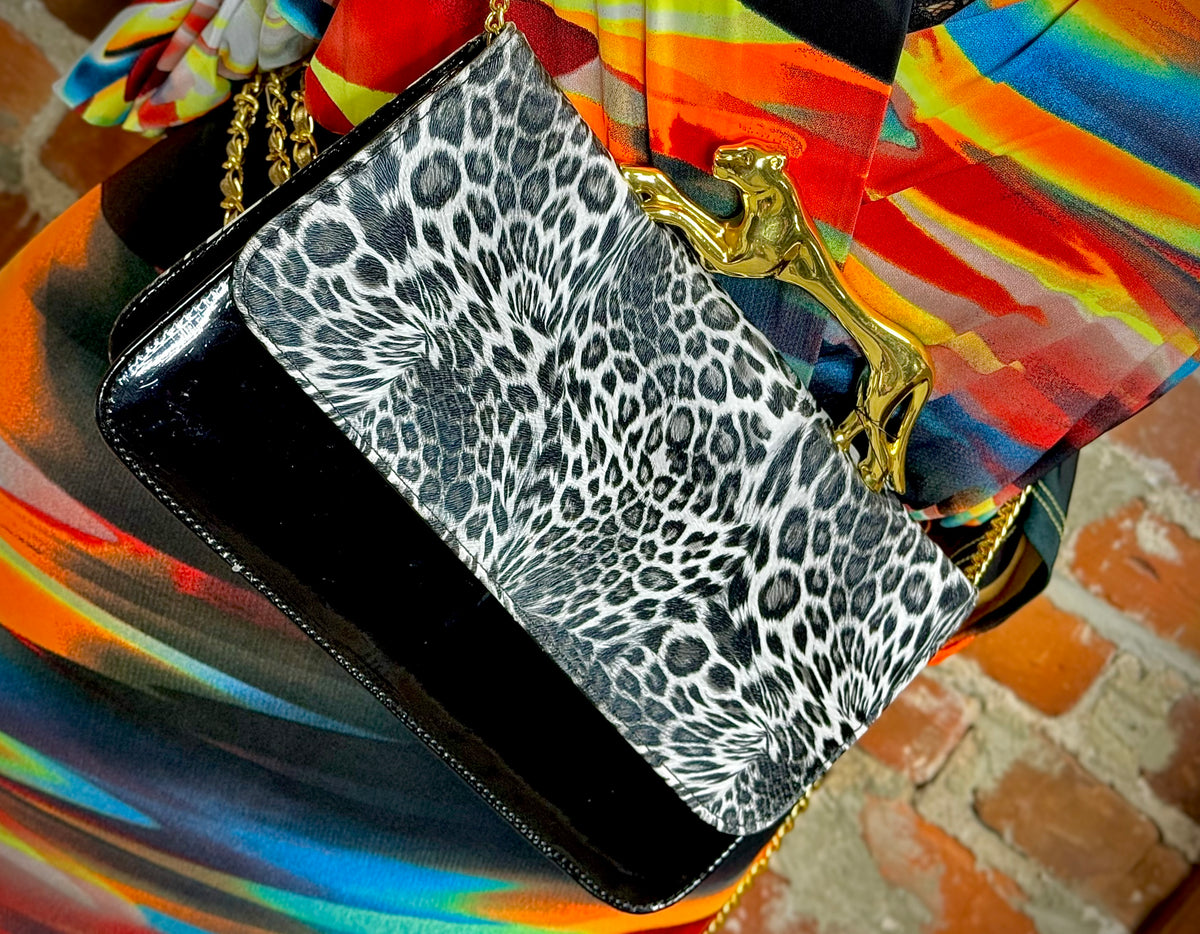 Dead Stock Vintage Black Cheetah Purse with Gold Panther Handle and Magnetic Snap by Sasha