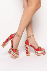 AZALEA WANG “CICI” Platform Sandal – Red Floral Jacquard w/ Pearls & Rhinestones