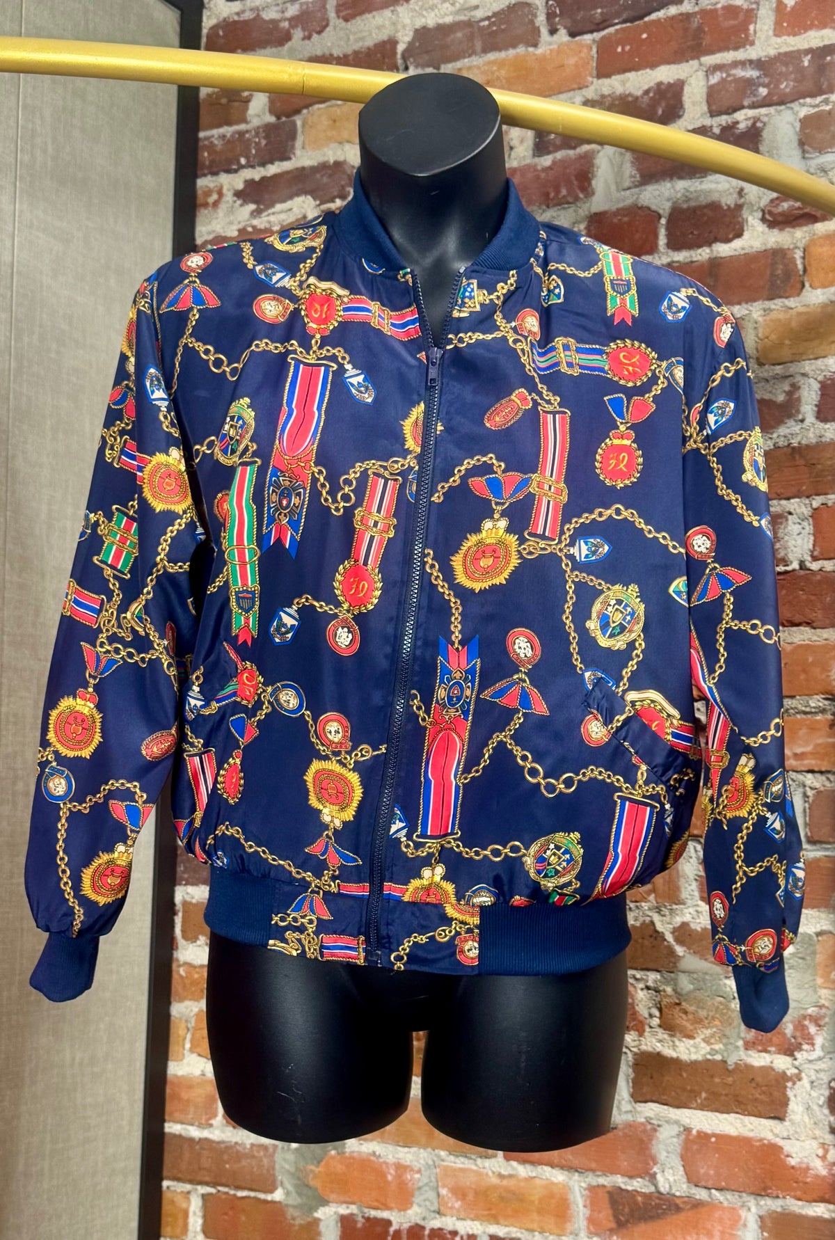 Navy Medal-Print Bomber Jacket