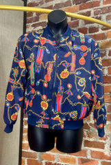 Navy Medal-Print Bomber Jacket