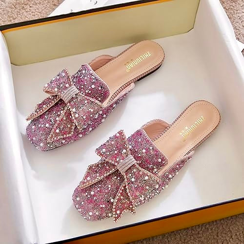 Taosili Rhinestone Bow-Knot Flat Mule – Pink Glitter