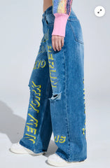 Cityscape Wide-Leg Embroidered Jeans