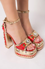 AZALEA WANG “CICI” Platform Sandal – Red Floral Jacquard w/ Pearls & Rhinestones