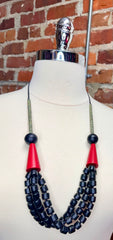 Bold Elegance: Red, Black, and Gray Abstract Shaped Chunky Bead Necklace
