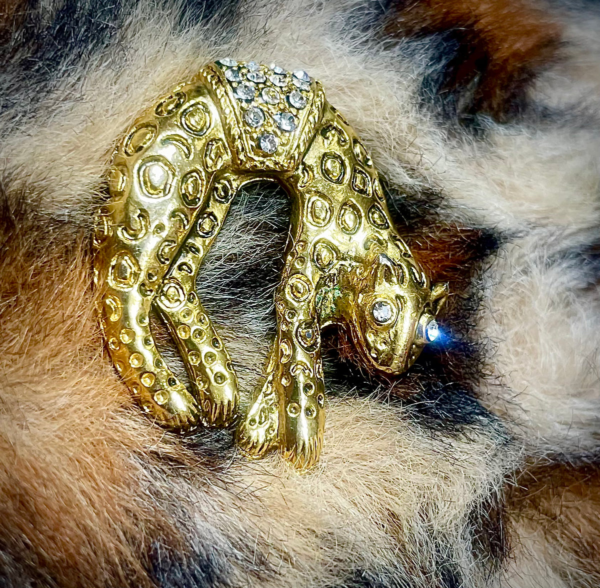 Vintage 1960’s Gold Jaguar Brooch with Rhinestone Accents