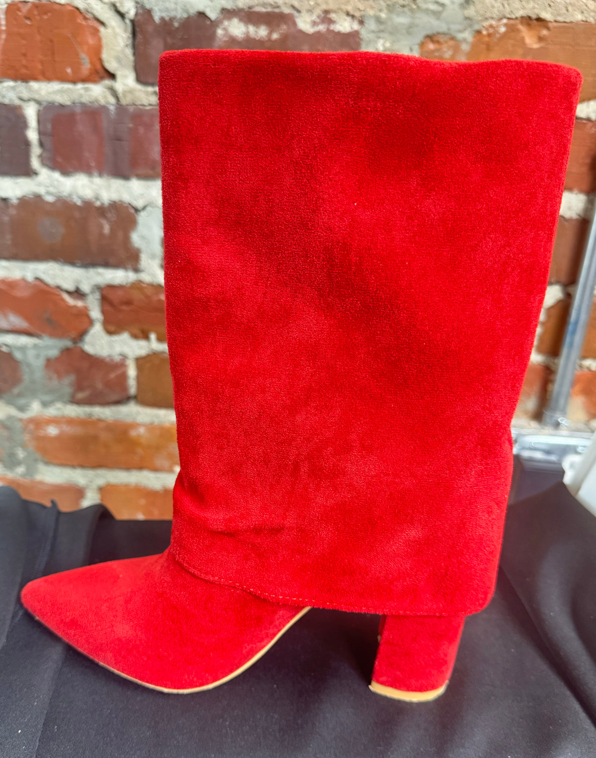 Make a Statement: Red Vegan Suede Wrapped Stiletto Heel Fold-Over Ankle Boots