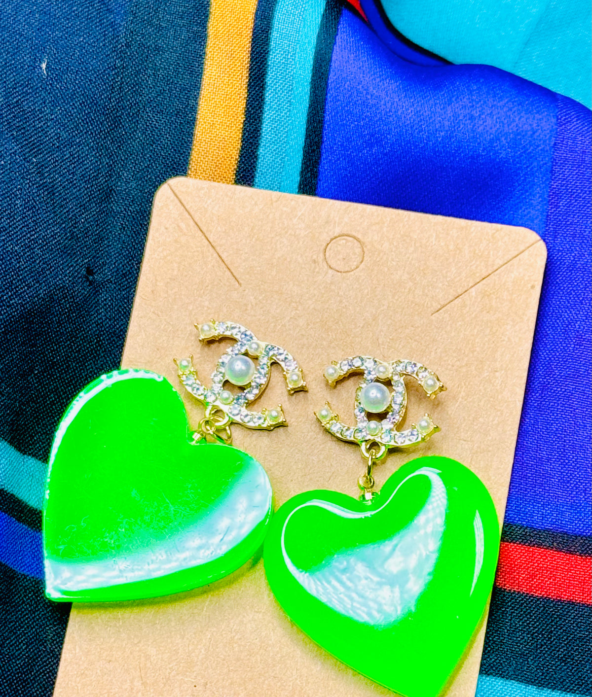 Neon Green Heart Earrings with Rhinestone CC Accents