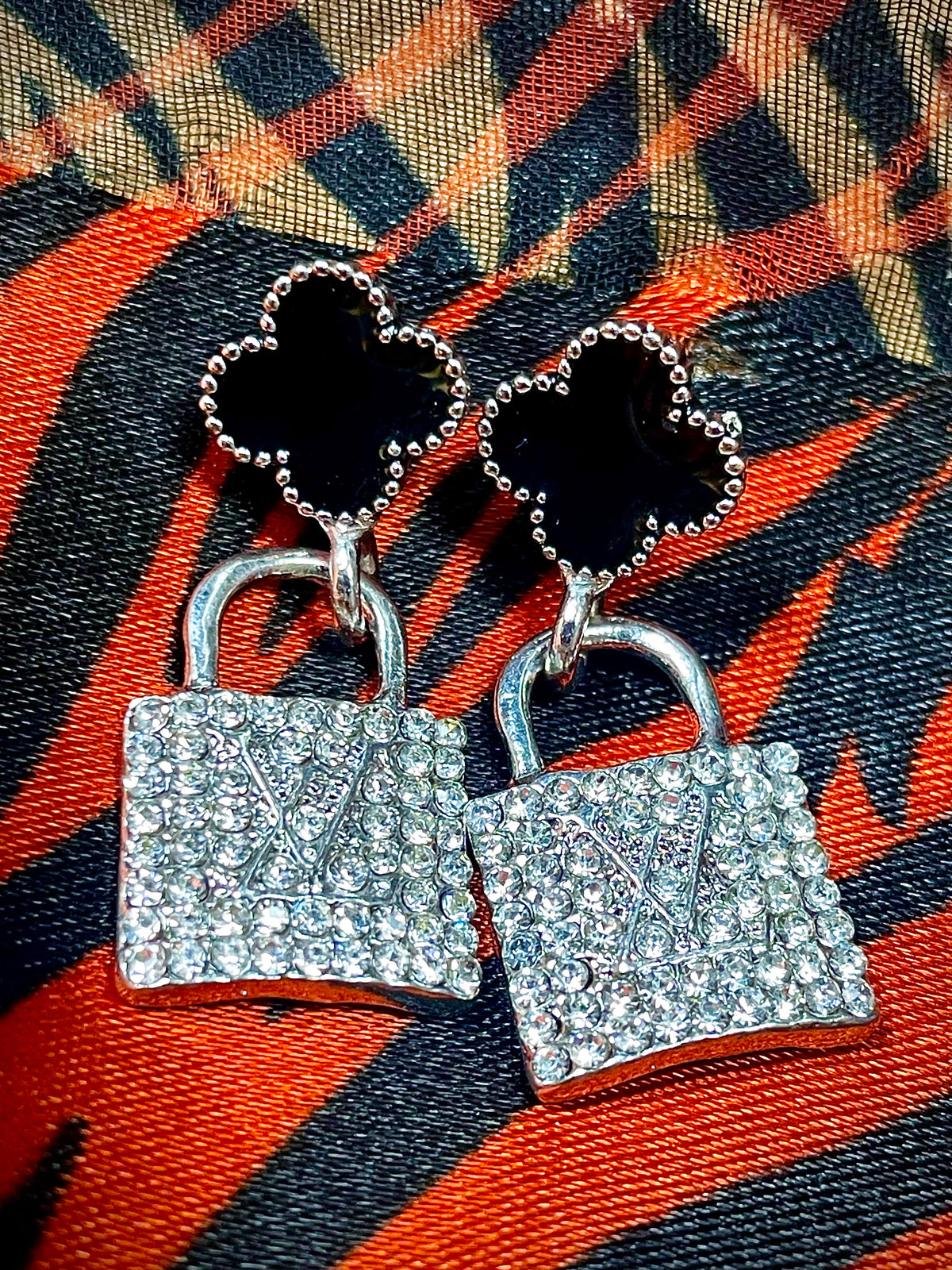 Silver and Black Rhinestone Locket Earrings