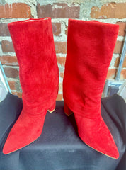 Make a Statement: Red Vegan Suede Wrapped Stiletto Heel Fold-Over Ankle Boots